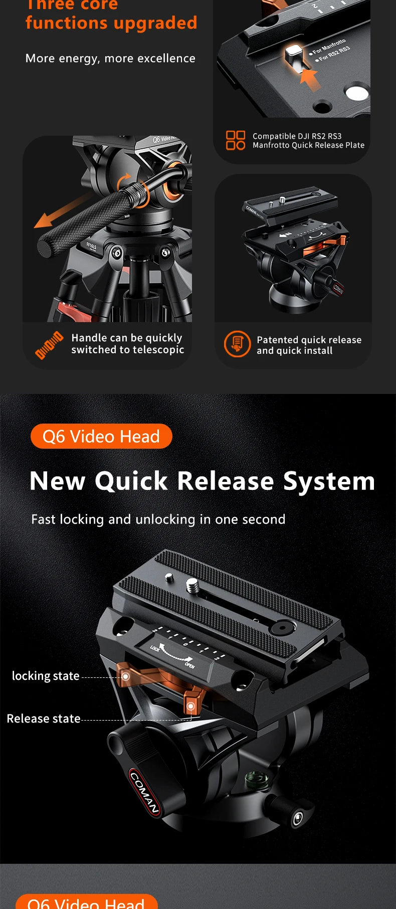 COMAN FF16LS 74" Professional Metal Heavy Duty Camera Tripod Video Tripod With Q6 New Fluid Head Adjustable Damping Fluid Head Dual Mode QR Plate Compatible with DJI RS4 Manfrotto