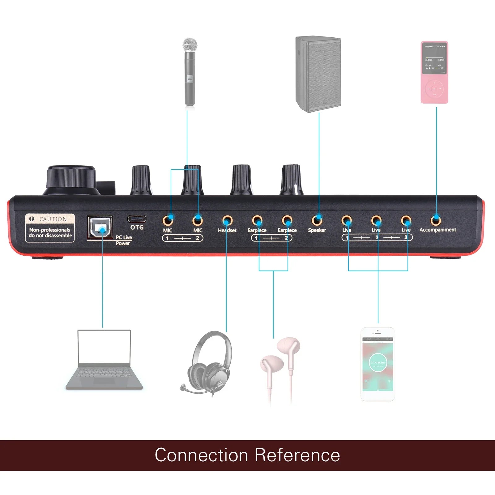 SK300 Live Sound Card External Voice Changer Audio Mixer Built-in Rechargeable Battery Multiple Sound Effects for Live