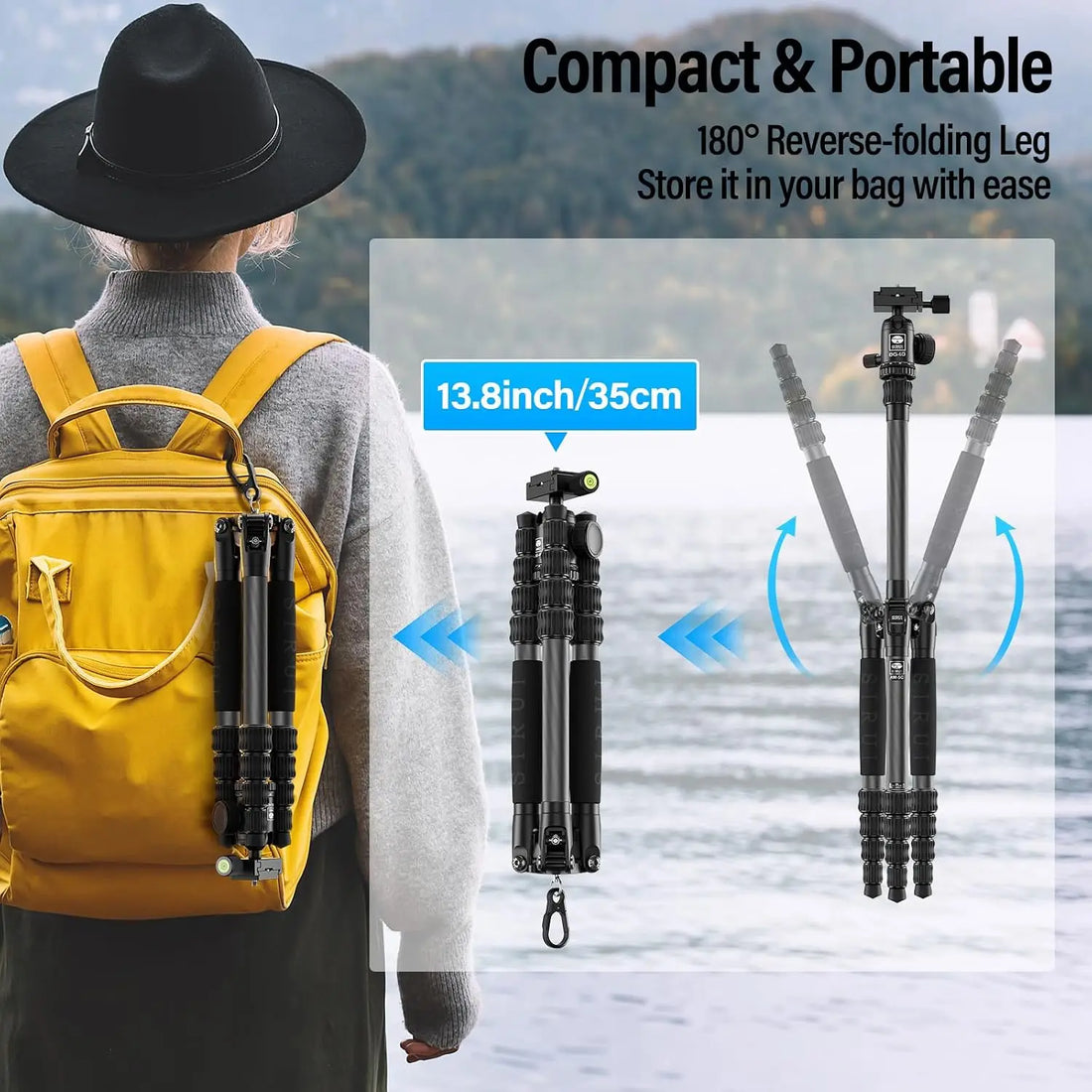 Lightweight Carbon Fiber Travel Tripod, 6kg Load, 54" Max Height, Compact for DSLR Mirrorless Cameras, with Carry Bag