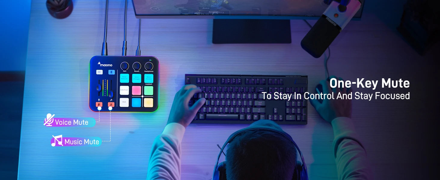 MAONO G1 NEO Gaming Audio Mixer Custom Sound Effects RGB Streaming with XLR Microphone Audio Interface for Game Voice Podcast