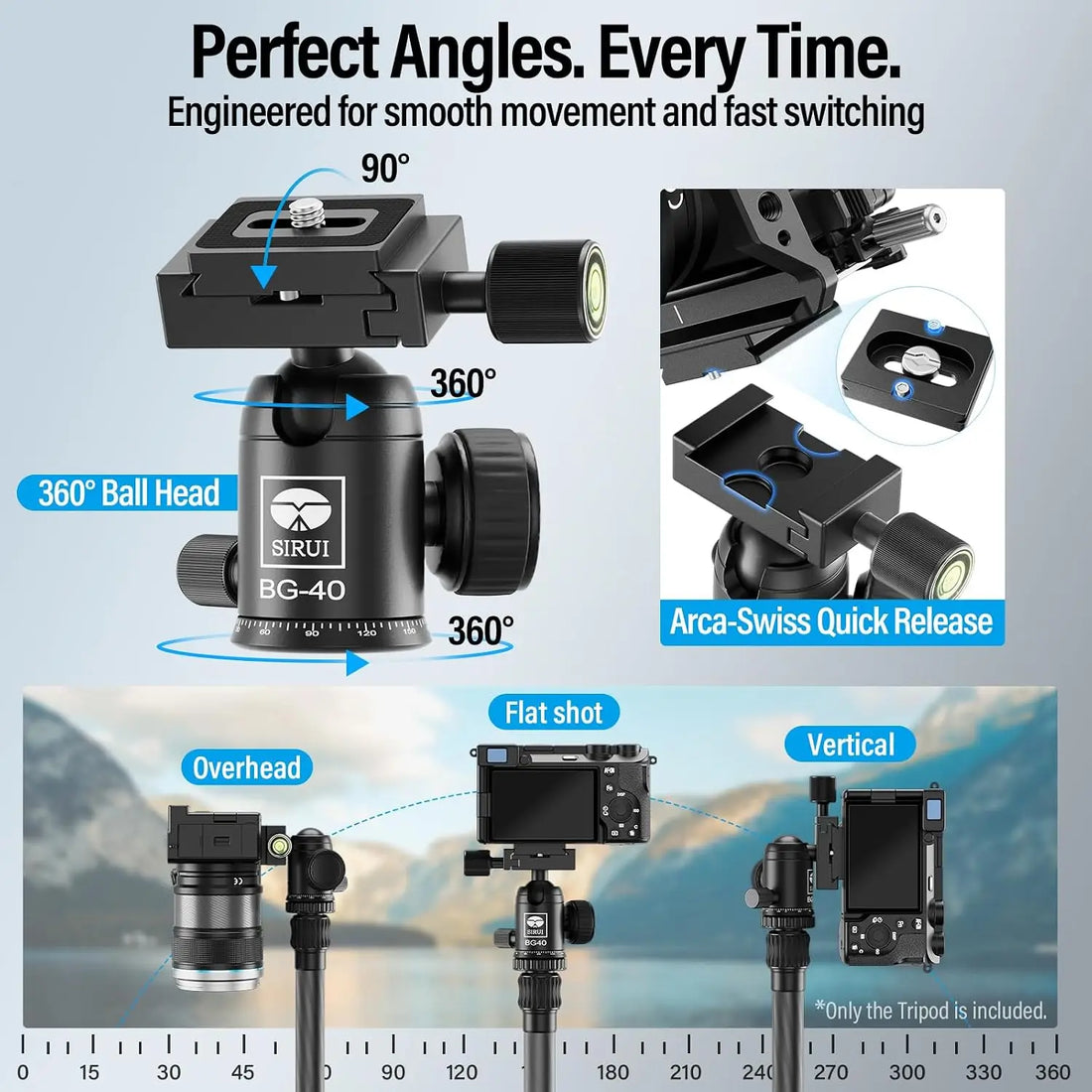 Lightweight Carbon Fiber Travel Tripod, 6kg Load, 54" Max Height, Compact for DSLR Mirrorless Cameras, with Carry Bag