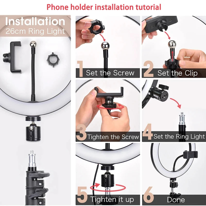 10 inch LED Selfie Ring Light Circle Fill Light Dimmable Round Lamp For TK Video Makeup Photography RingLight Phone Stand Holder