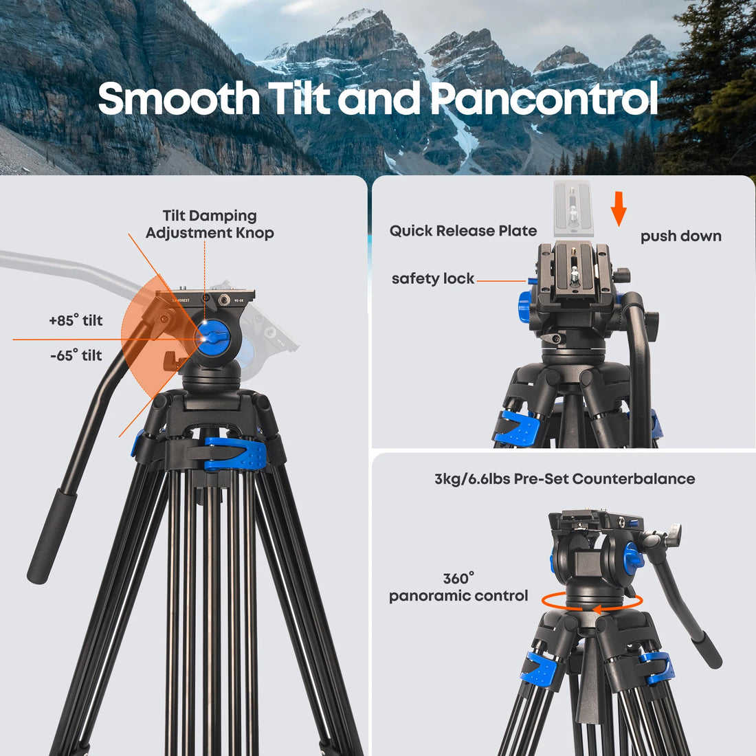 Besnfoto 74" Heavy Duty Aluminum Photography Video Tripod with Fluid Head & Quick Release for DSLR Cameras Camcorders