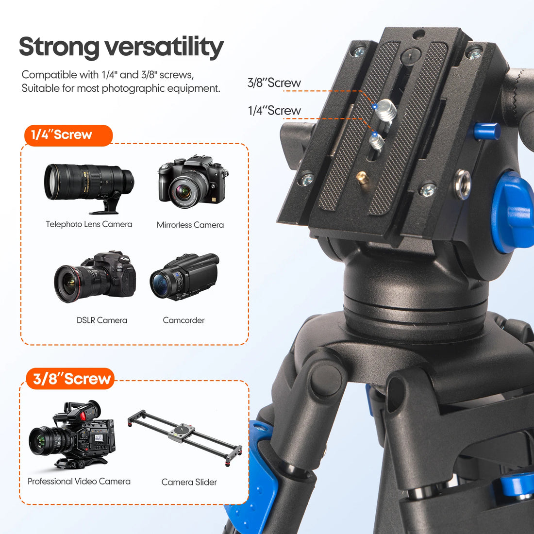 Besnfoto 74" Heavy Duty Aluminum Photography Video Tripod with Fluid Head & Quick Release for DSLR Cameras Camcorders