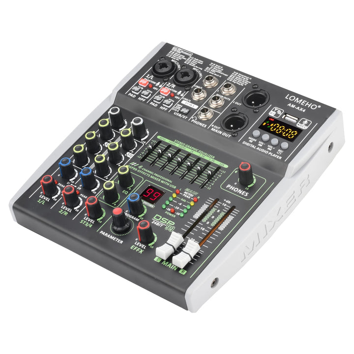 4 Channel Audio Sound Mixer 7 Band EQ 99 DSP Effects 48V Bluetooth Sound Mixing Console PC Playback Recording DJ Party AM-AX4