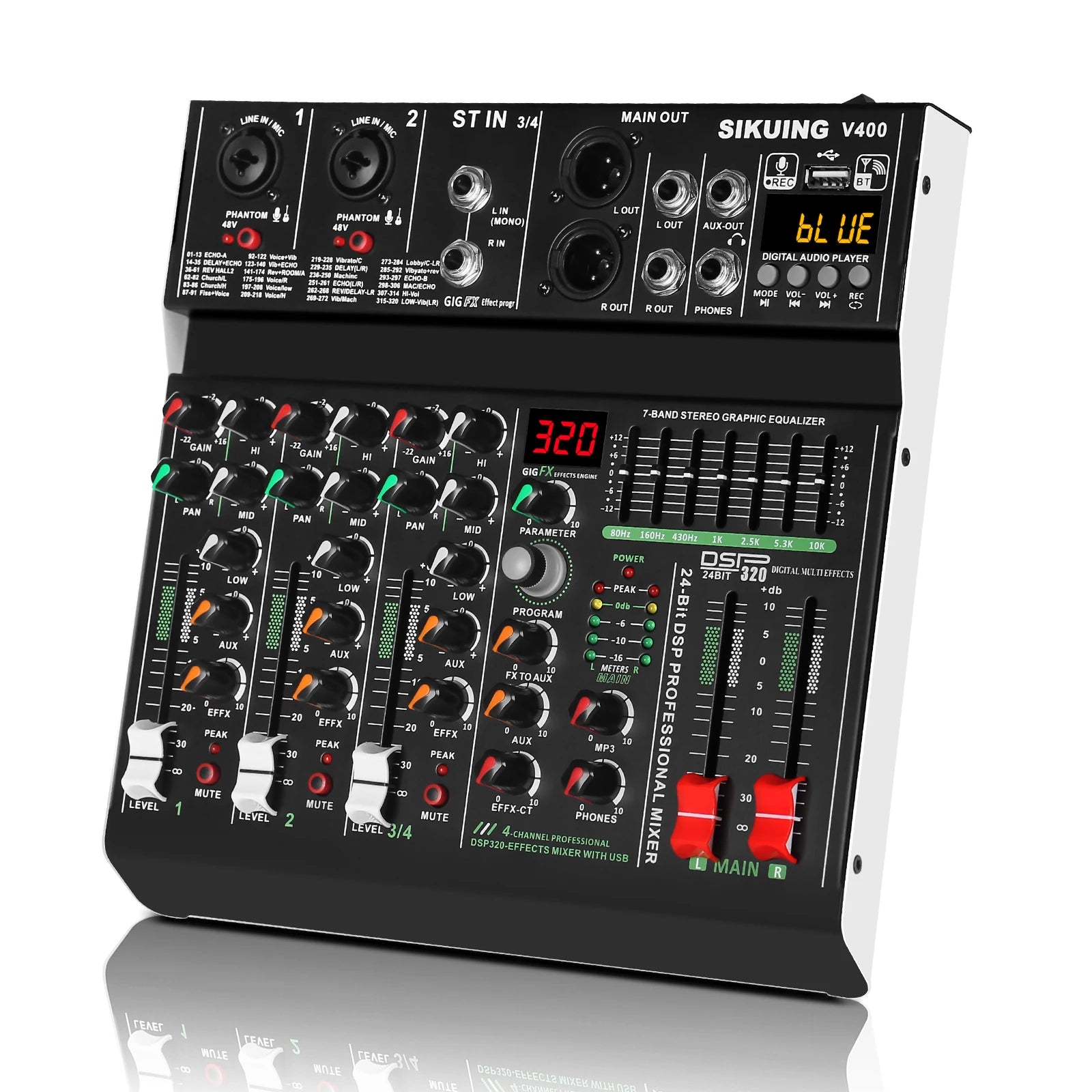 FULUODE V-600 6 channel professional portable mixer 320 DSP effects  48V phantom power Bluetooth sound card  7-band equalize