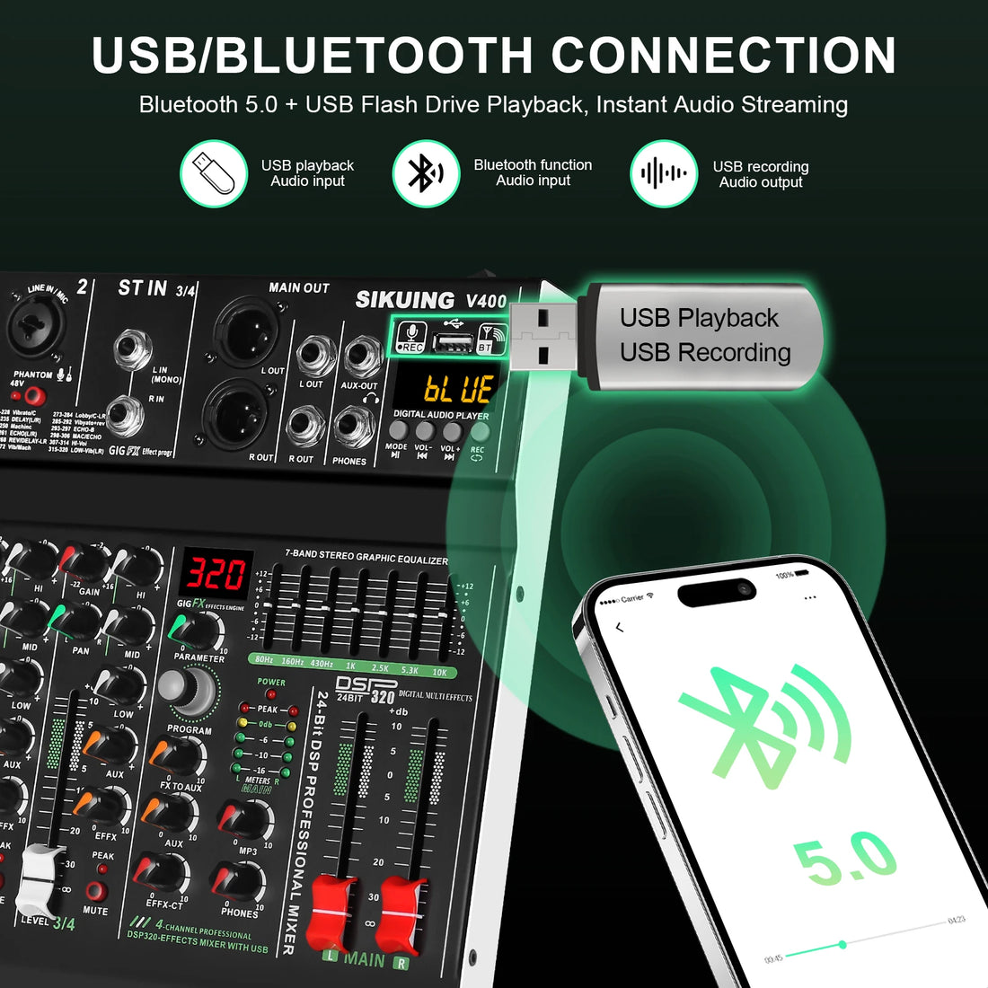 FULUODE V-600 6 channel professional portable mixer 320 DSP effects  48V phantom power Bluetooth sound card  7-band equalize