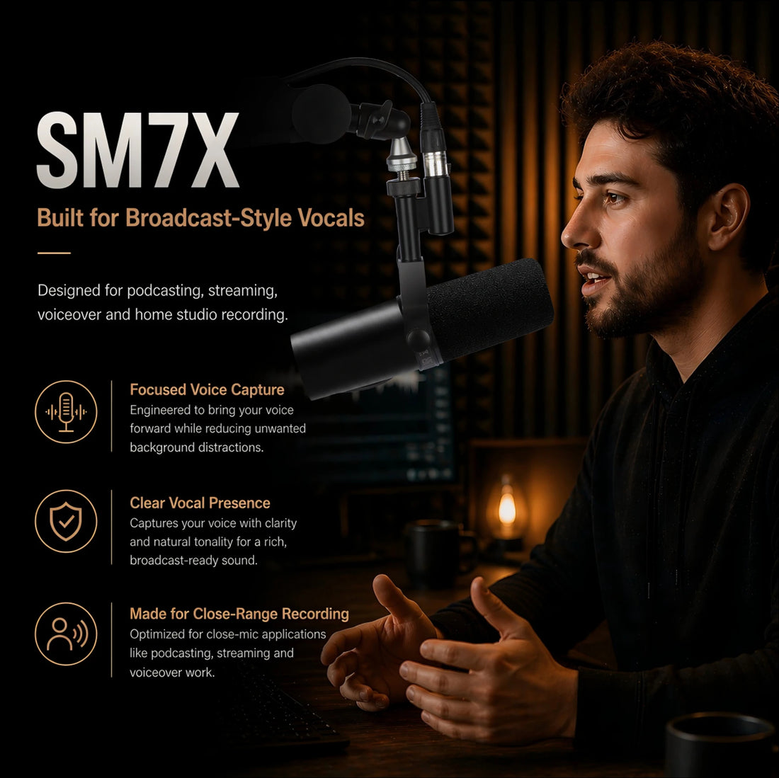SM7X Professional XLR Dynamic Microphone for Podcast Streaming Vocal Recording Voiceover and Home Studio
