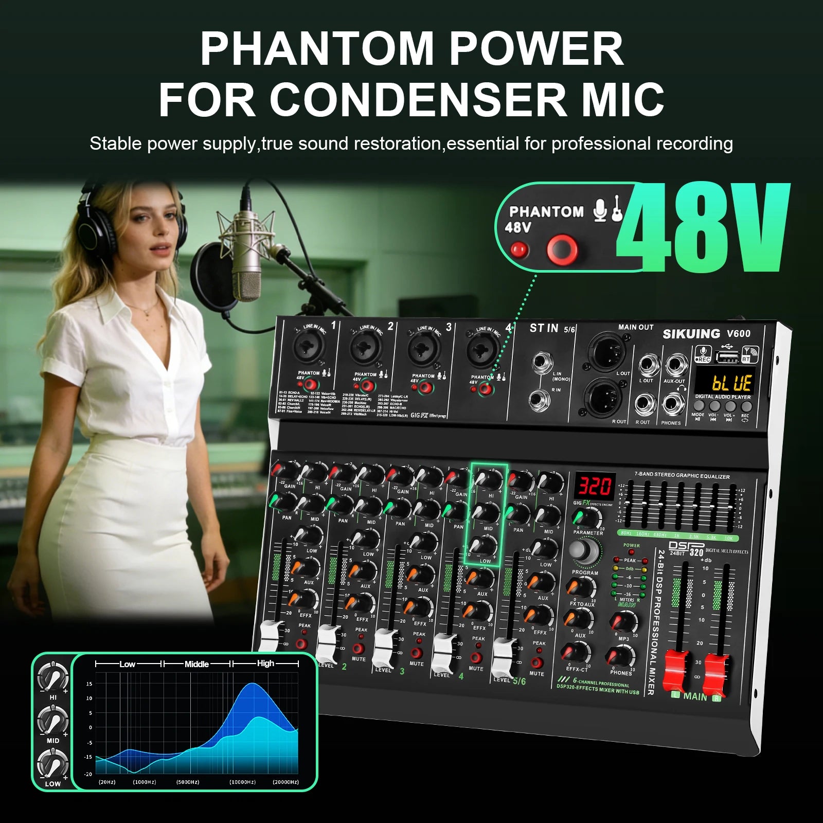 FULUODE V-600 6 channel professional portable mixer 320 DSP effects  48V phantom power Bluetooth sound card  7-band equalize