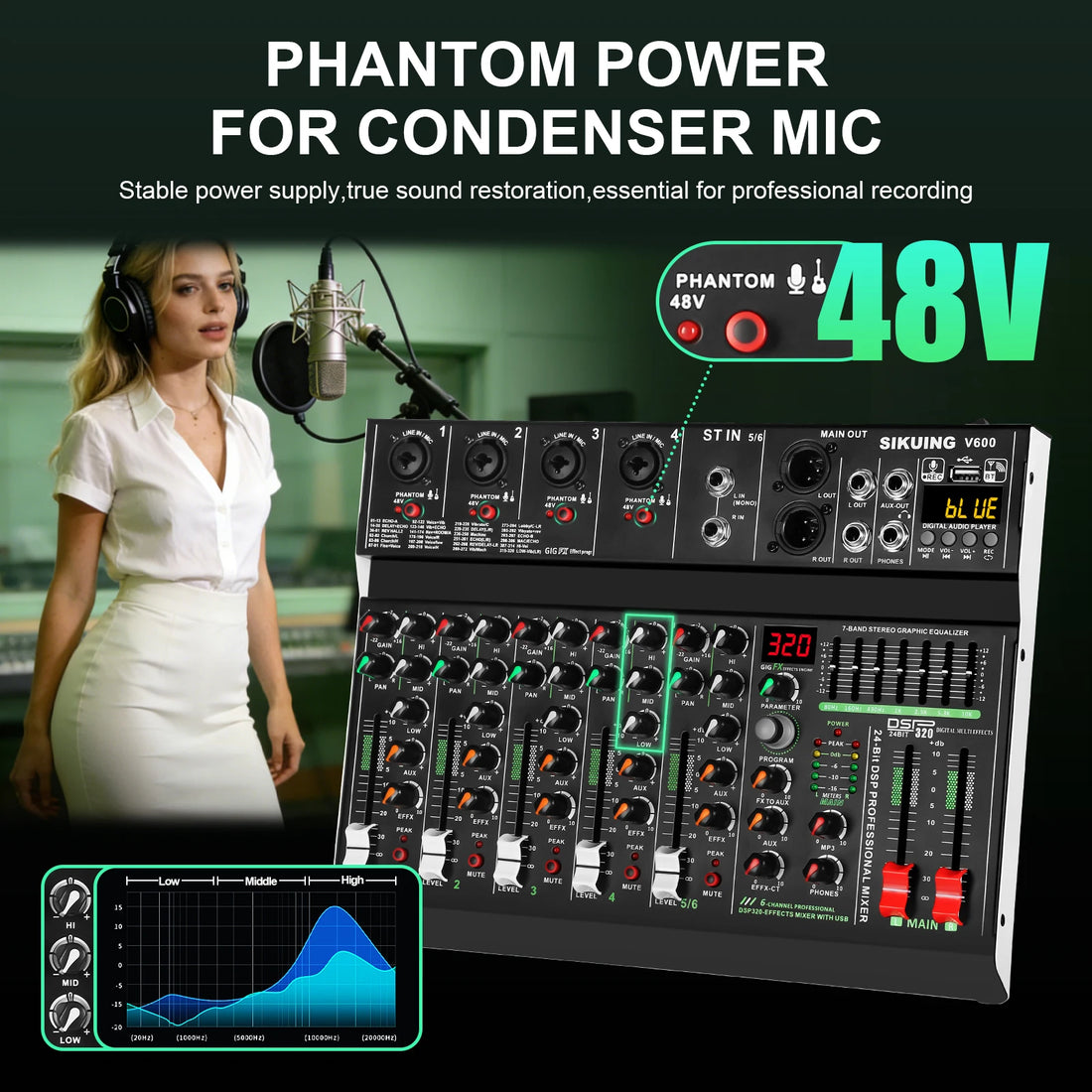 FULUODE V-600 6 channel professional portable mixer 320 DSP effects  48V phantom power Bluetooth sound card  7-band equalize