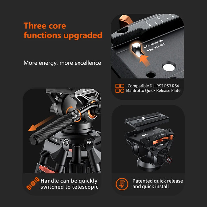 COMAN FF16LS 74" Professional Metal Heavy Duty Camera Tripod Video Tripod With Q6 New Fluid Head Adjustable Damping Fluid Head Dual Mode QR Plate Compatible with DJI RS4 Manfrotto