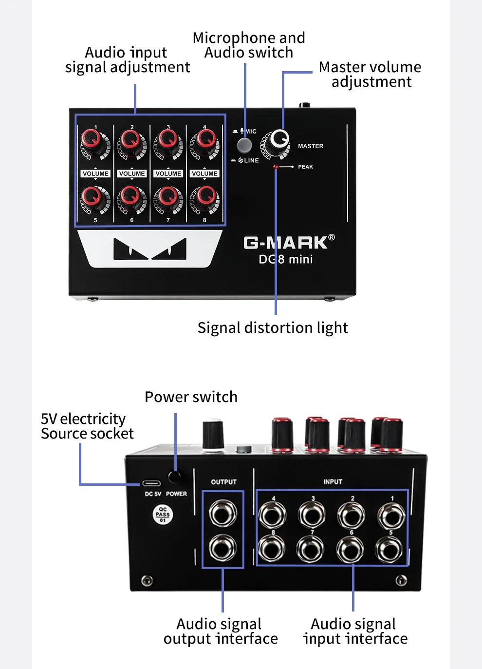 Sound Mixer Line Mixer G-MARK DG8mini Ultra Low Noise 8 Channels Mini Power Supply DC5V Easy Operation Audios Mixer