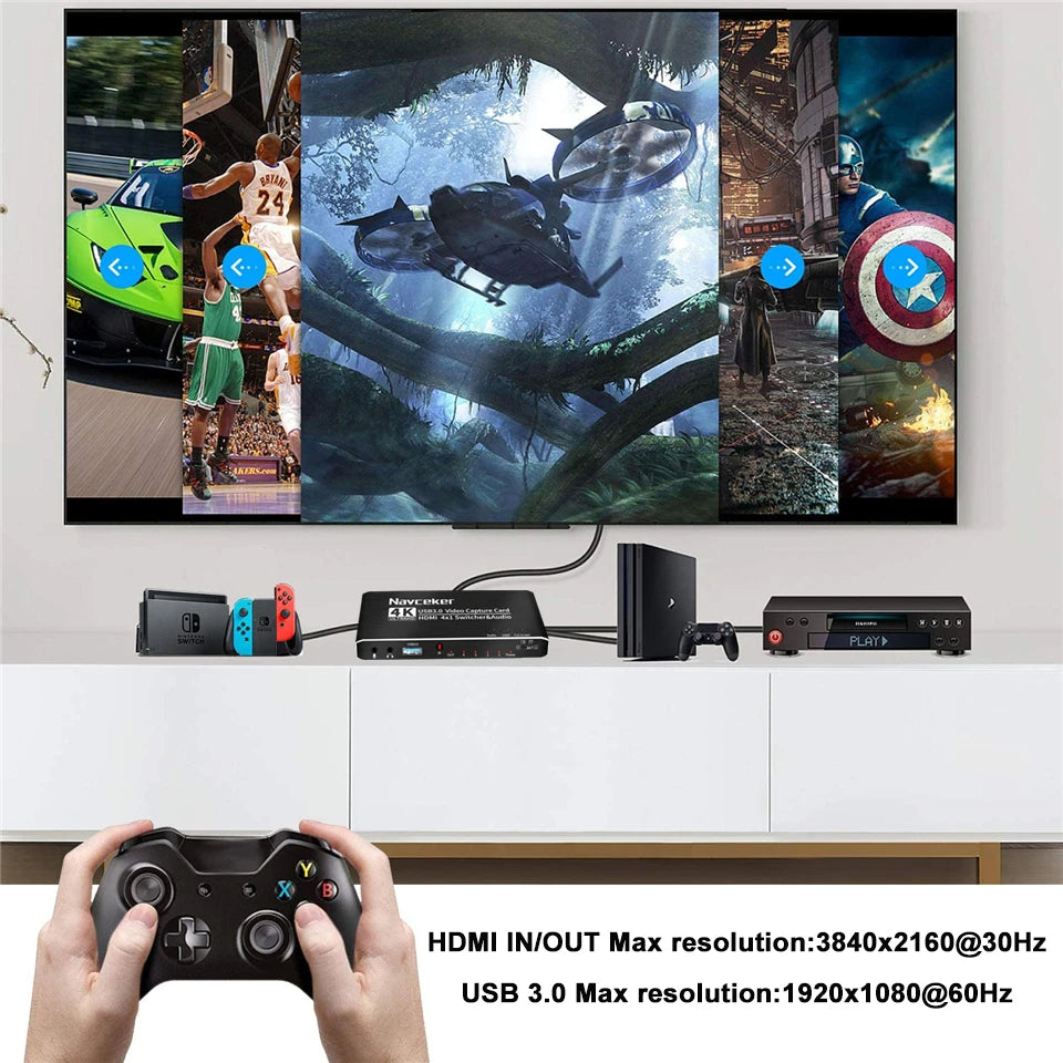 2023 4 Port 4K Video Capture Card USB 3.0 HDMI-compatible Grabber Recorder Seamless Switch for Camera Recording Live Streaming