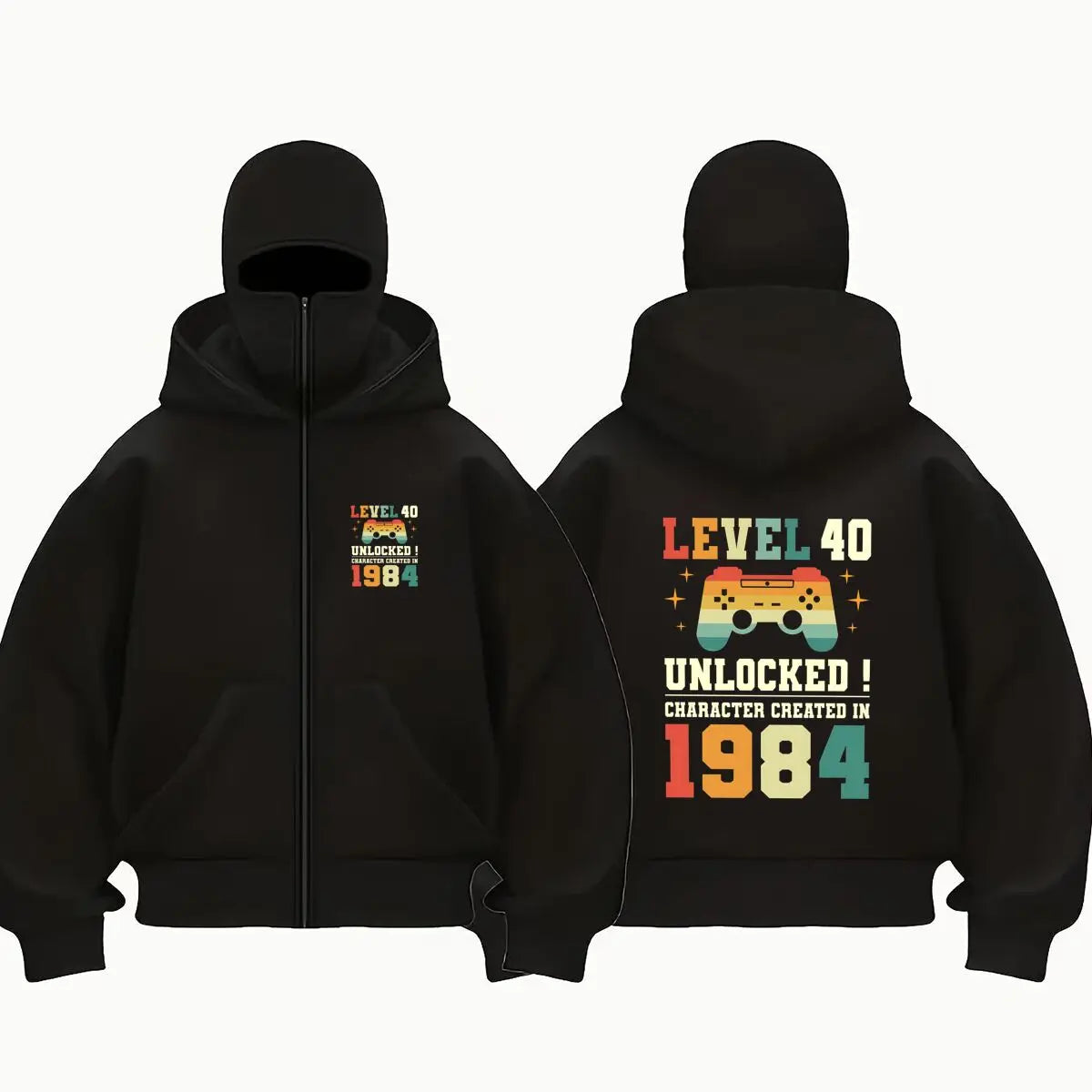 Level 40 Gaming - Inspired, 'Level 40 Unlocked 1984' Gamer Text Design Men's Double Hood Balaclava Zip Hoodie Winter Warm