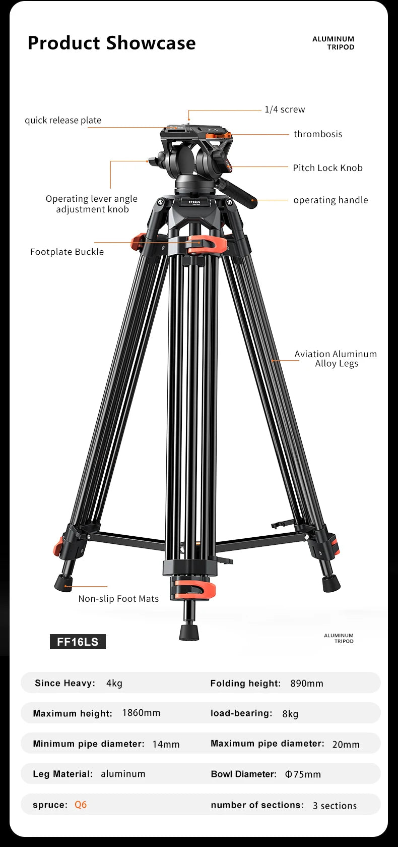 COMAN FF16LS 74" Professional Metal Heavy Duty Camera Tripod Video Tripod With Q6 New Fluid Head Adjustable Damping Fluid Head Dual Mode QR Plate Compatible with DJI RS4 Manfrotto