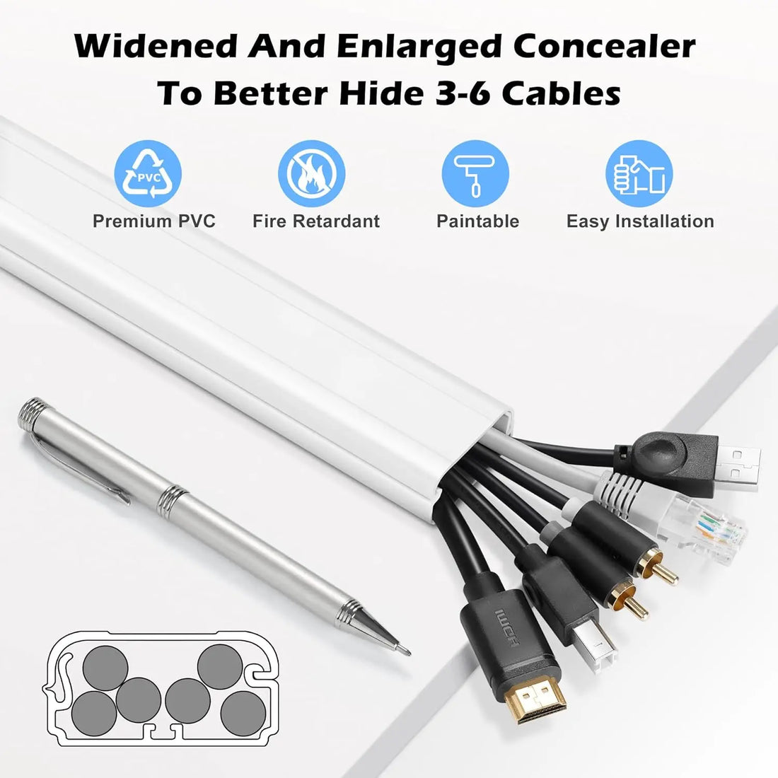 39in Cord Hider Kit - 3x13in Cable Cover for Wall Mounted TV, Wire Concealer, 1.5"W x 0.75"H, White