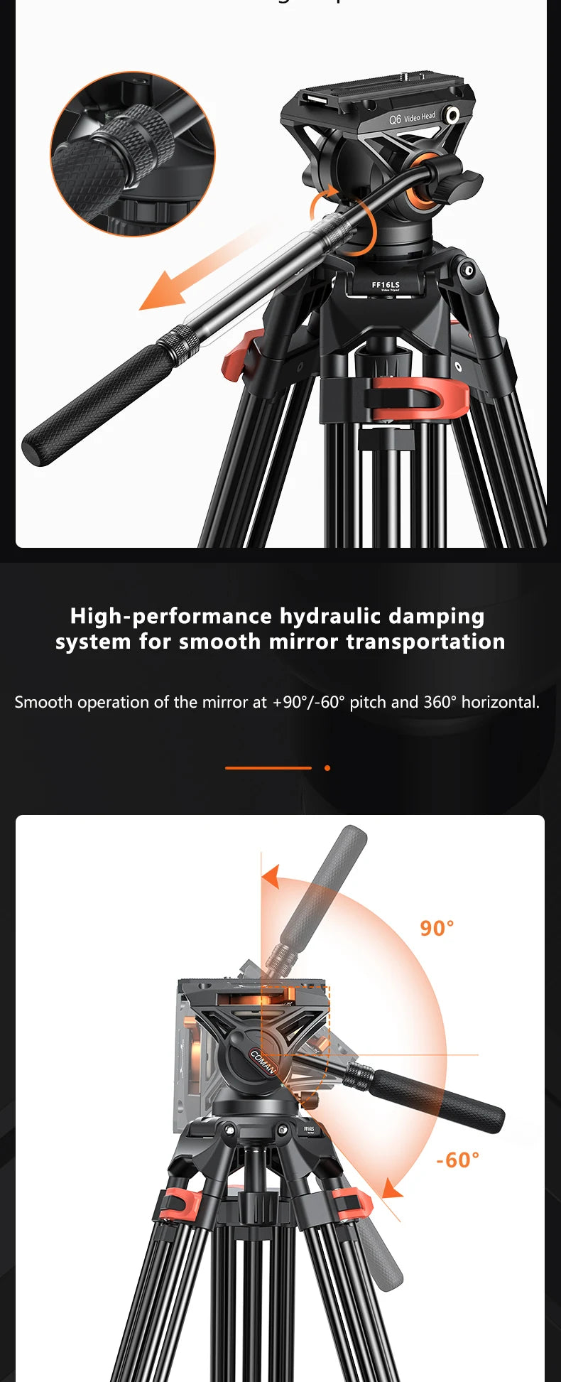 COMAN FF16LS 74" Professional Metal Heavy Duty Camera Tripod Video Tripod With Q6 New Fluid Head Adjustable Damping Fluid Head Dual Mode QR Plate Compatible with DJI RS4 Manfrotto