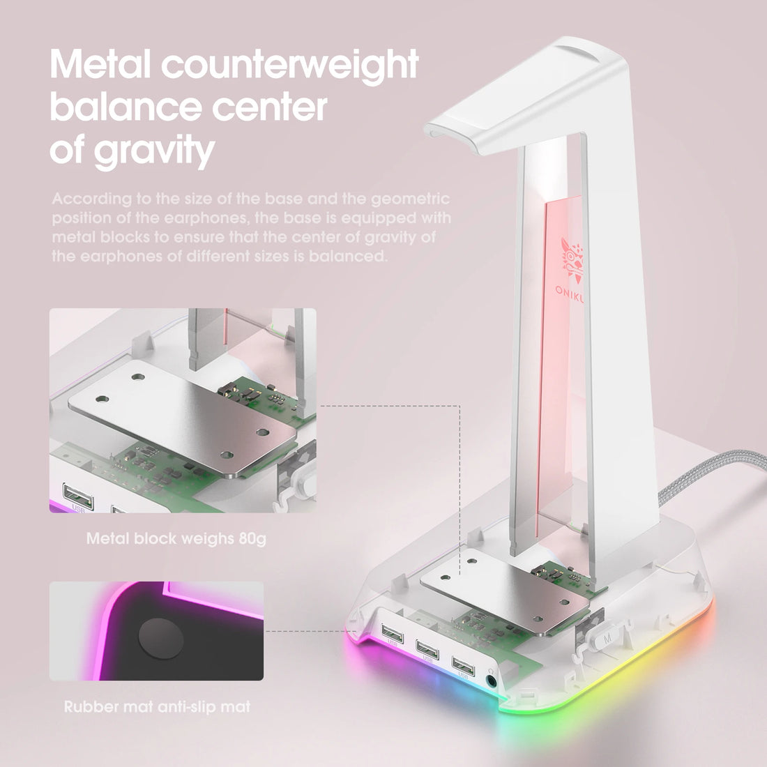 ONIKUMA Headphone Stand With RGB Light Headset Holder With 3*USB Ports & 3.5mm Headphone Jack For PC Gamers