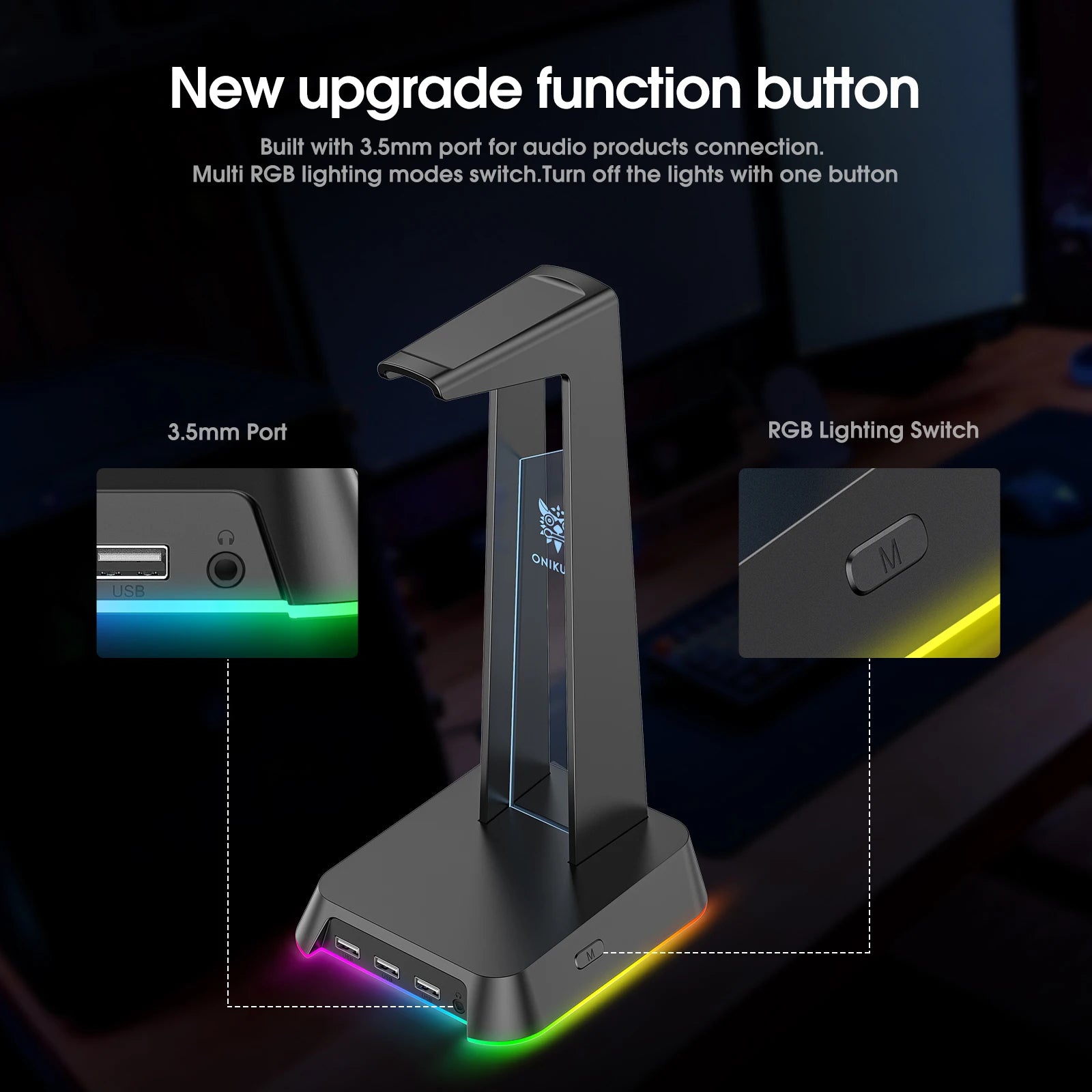 ONIKUMA Headphone Stand With RGB Light Headset Holder With 3*USB Ports & 3.5mm Headphone Jack For PC Gamers