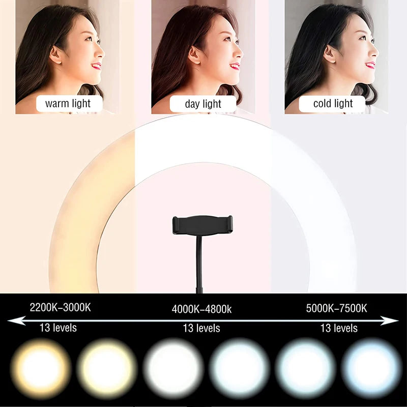 Video Light 16/26/33cm Selfie Ring LED Light Dimmable Round Ring Fill Lamp For Phone Live Video Streaming Studio LED Fill Light