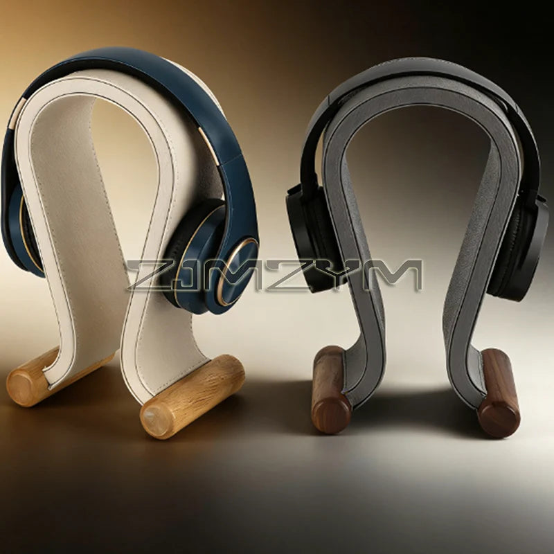 Universal Gaming Headset Stand Leather+Wood Headphone Holder Desk Display Shelf for Wired/Wireless Headphones Space Saving