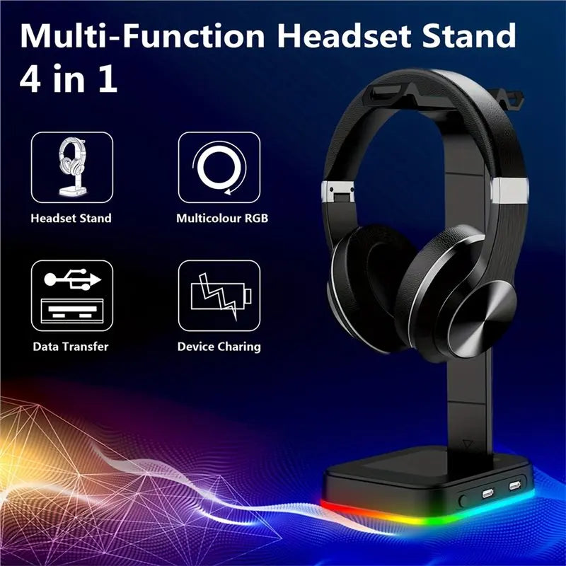 RGB Color-Changing LED Gaming Headset Stand Adjustable Speed W/Dual USB Ports For Keyboard Mouse Phone Charging