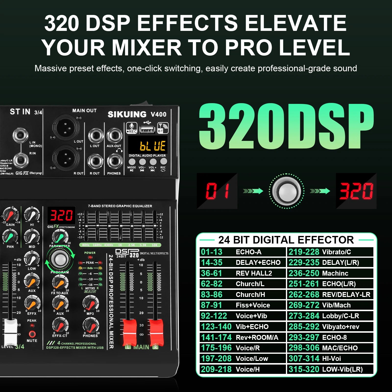 FULUODE V-600 6 channel professional portable mixer 320 DSP effects  48V phantom power Bluetooth sound card  7-band equalize