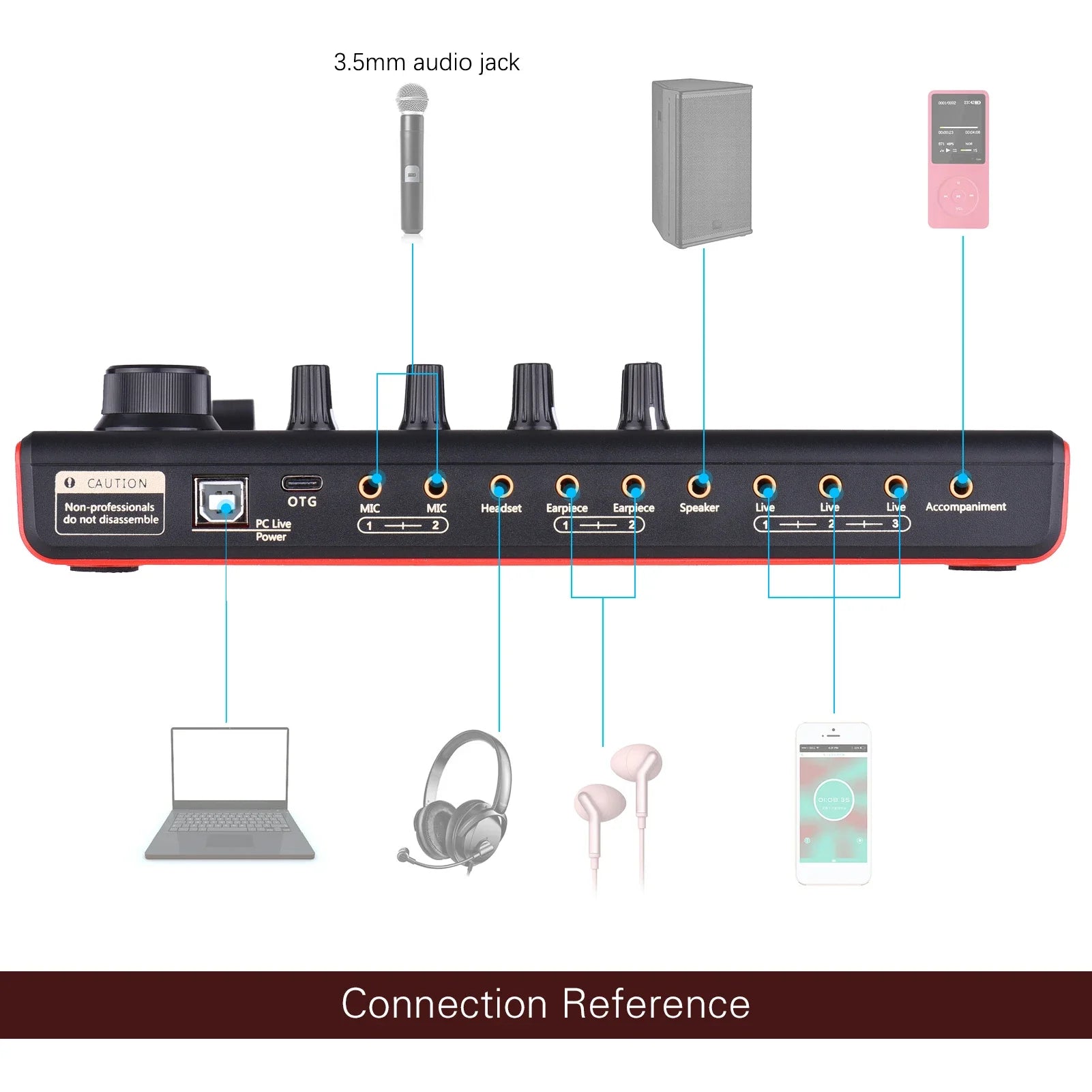 SK300 Live Sound Card External Voice Changer Audio Mixer Built-in Rechargeable Battery Multiple Sound Effects for Live