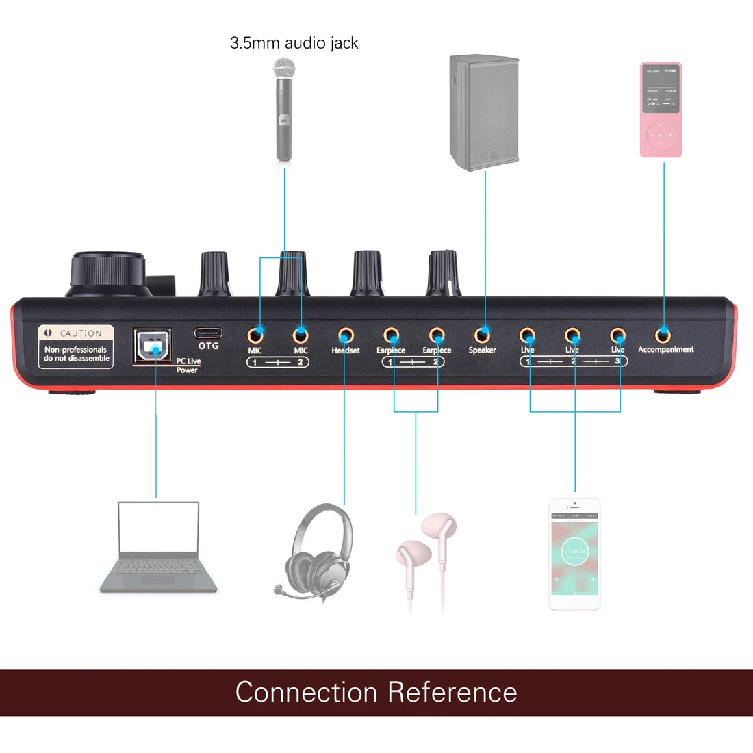 SK300 Live Sound Card External Voice Changer Audio Mixer Built-in Rechargeable Battery Multiple Sound Effects for Live