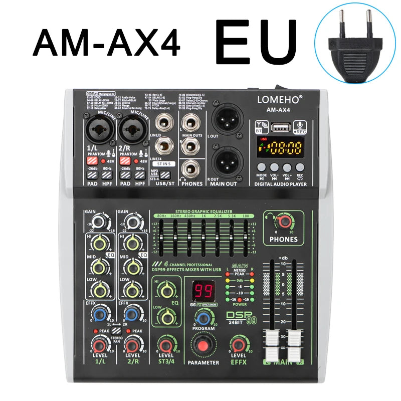 4 Channel Audio Sound Mixer 7 Band EQ 99 DSP Effects 48V Bluetooth Sound Mixing Console PC Playback Recording DJ Party AM-AX4
