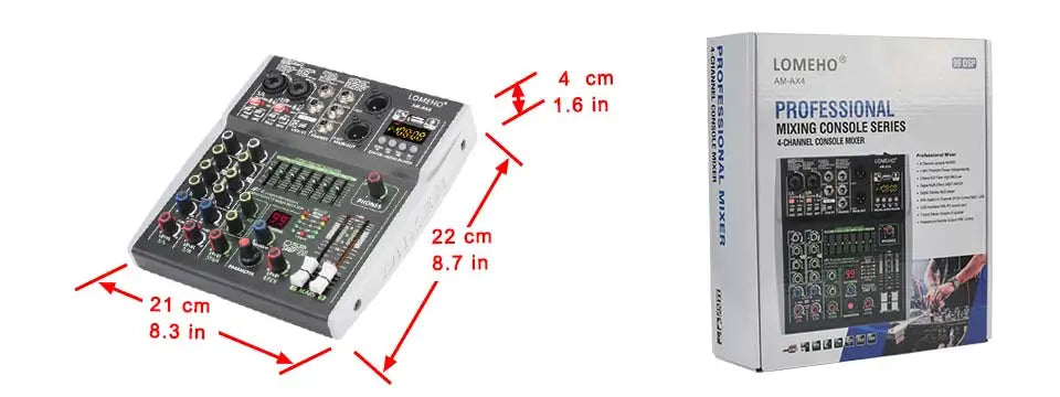 4 Channel Audio Sound Mixer 7 Band EQ 99 DSP Effects 48V Bluetooth Sound Mixing Console PC Playback Recording DJ Party AM-AX4