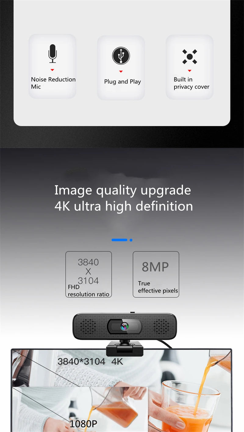 4K 8MP Ultra HD Webcam Sensor Computer Laptop 1080P Web Cameras Built-in Mic & Speaker for Online Classe Meeting Live Stream