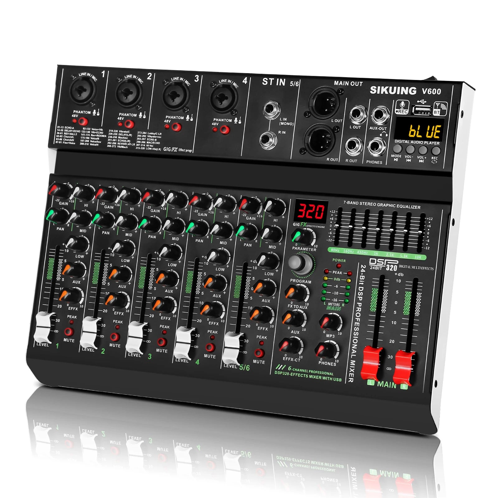 FULUODE V-600 6 channel professional portable mixer 320 DSP effects  48V phantom power Bluetooth sound card  7-band equalize