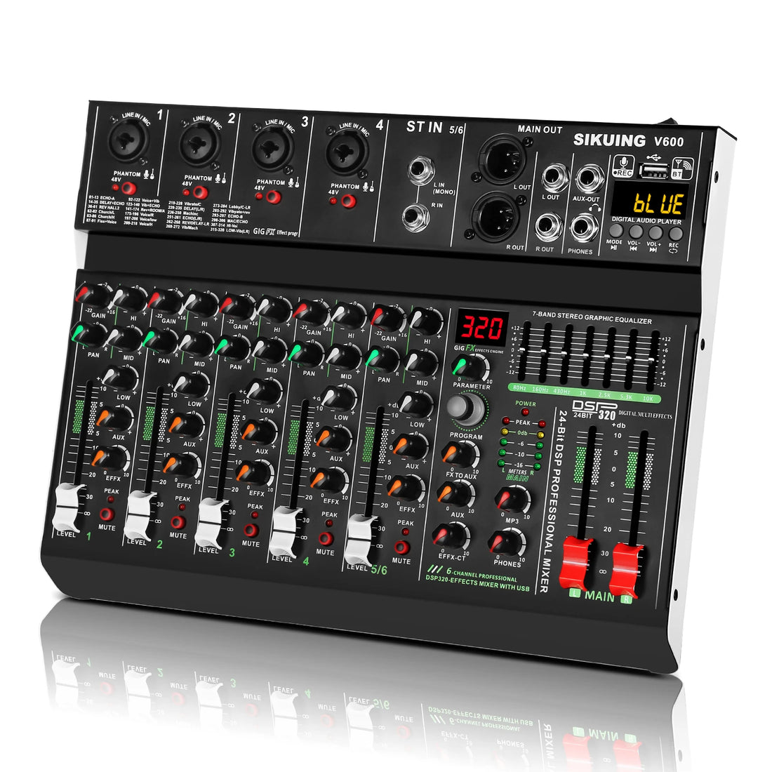FULUODE V-600 6 channel professional portable mixer 320 DSP effects  48V phantom power Bluetooth sound card  7-band equalize