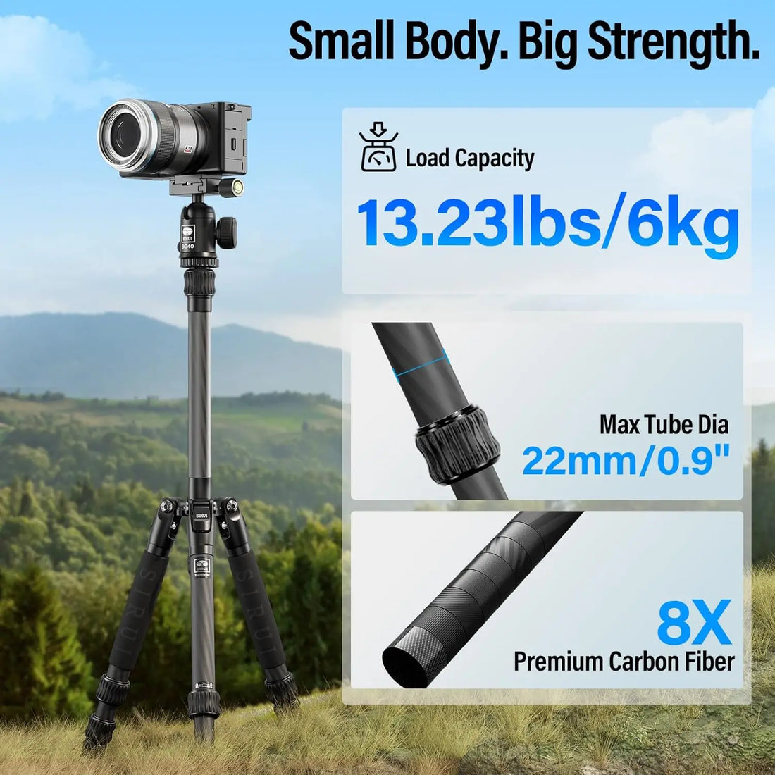Lightweight Carbon Fiber Travel Tripod, 6kg Load, 54" Max Height, Compact for DSLR Mirrorless Cameras, with Carry Bag