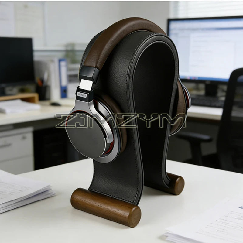 Universal Gaming Headset Stand Leather+Wood Headphone Holder Desk Display Shelf for Wired/Wireless Headphones Space Saving