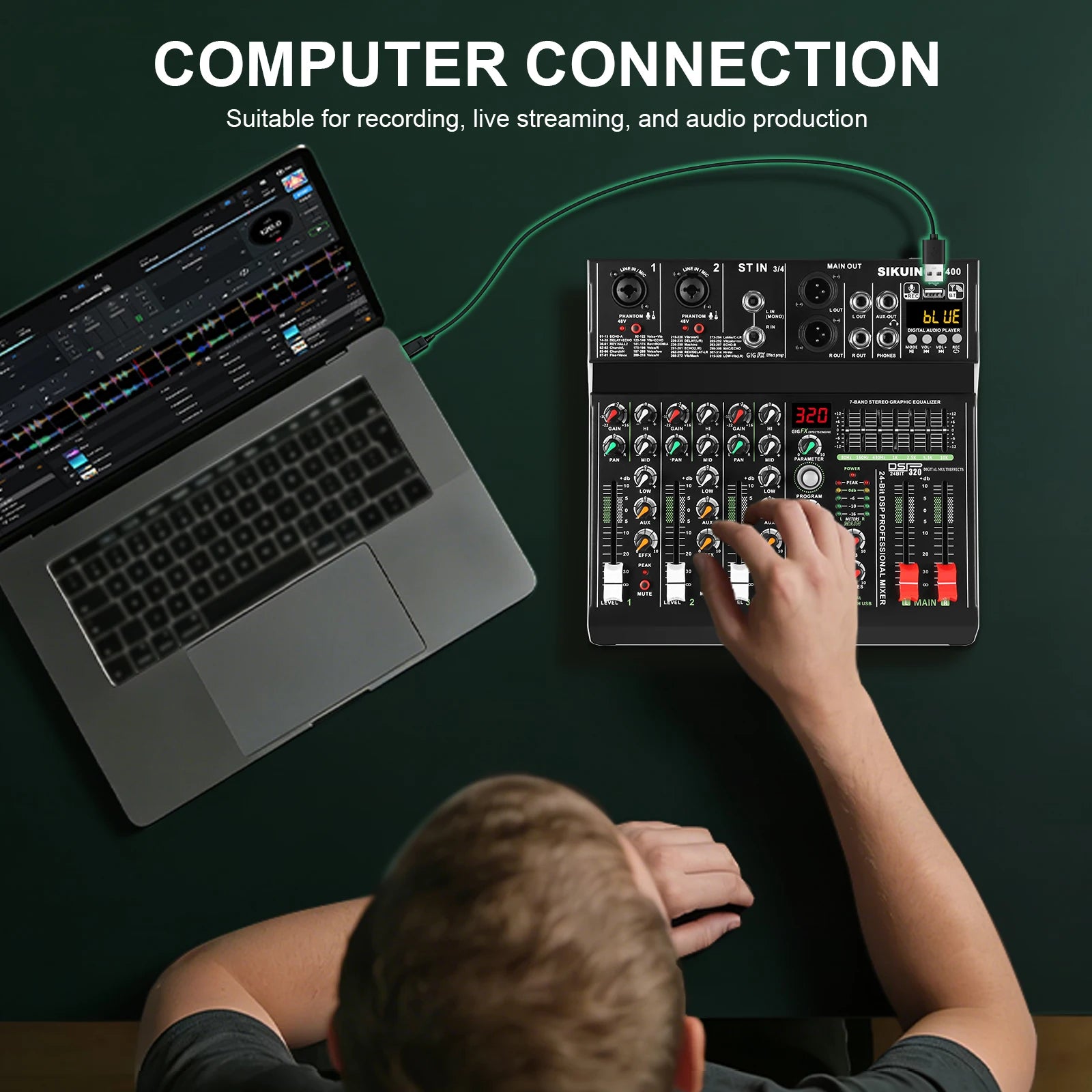 FULUODE V-600 6 channel professional portable mixer 320 DSP effects  48V phantom power Bluetooth sound card  7-band equalize