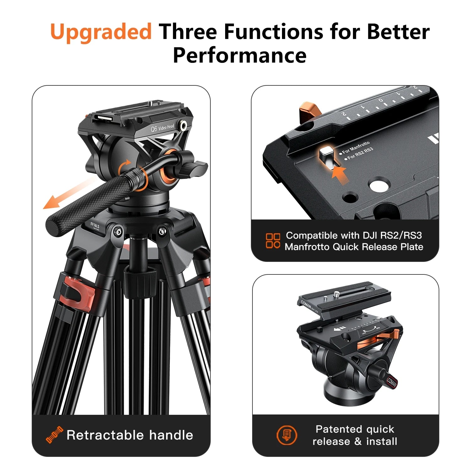 COMAN FF16LS 74" Professional Metal Heavy Duty Camera Tripod Video Tripod With Q6 New Fluid Head Adjustable Damping Fluid Head Dual Mode QR Plate Compatible with DJI RS4 Manfrotto