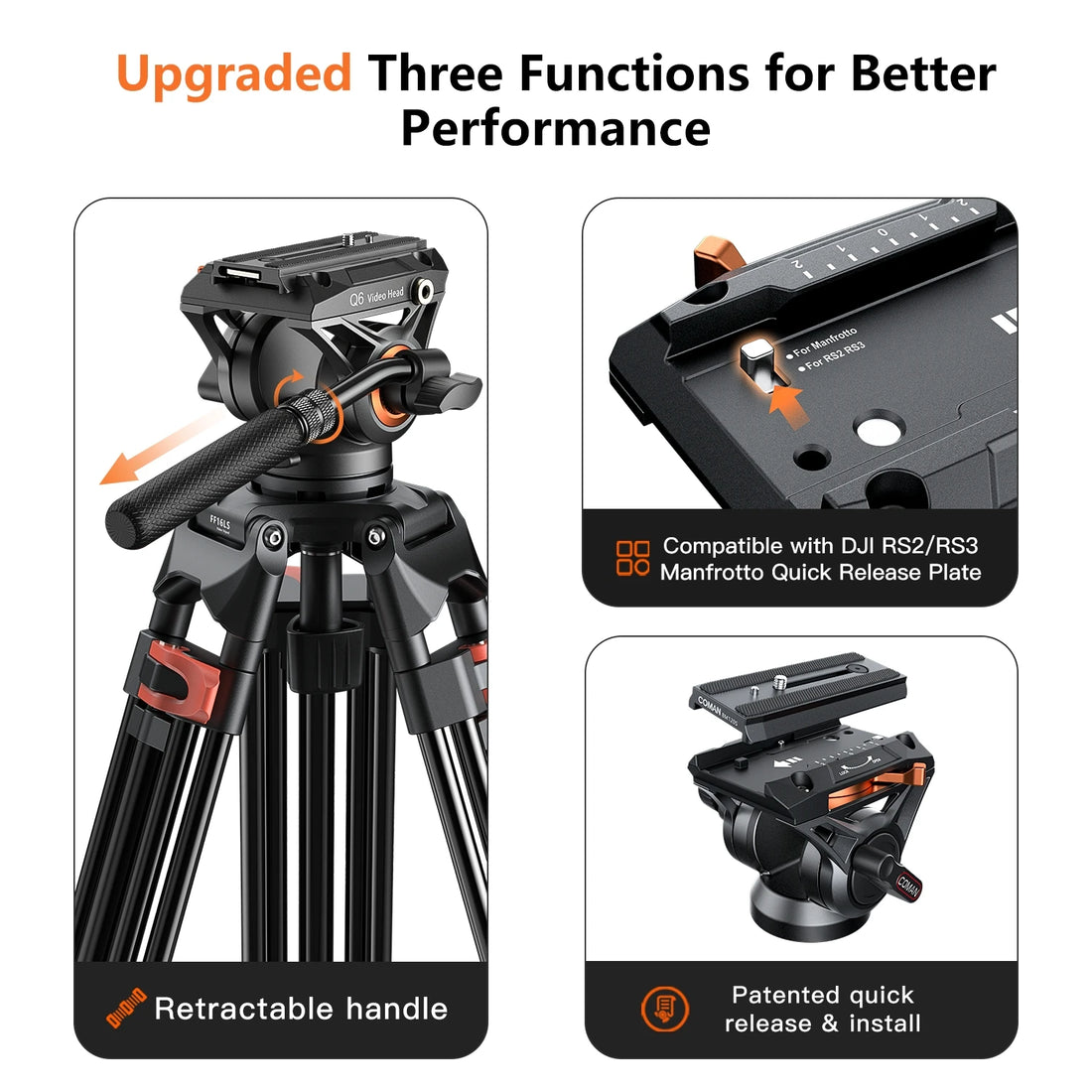 COMAN FF16LS 74" Professional Metal Heavy Duty Camera Tripod Video Tripod With Q6 New Fluid Head Adjustable Damping Fluid Head Dual Mode QR Plate Compatible with DJI RS4 Manfrotto
