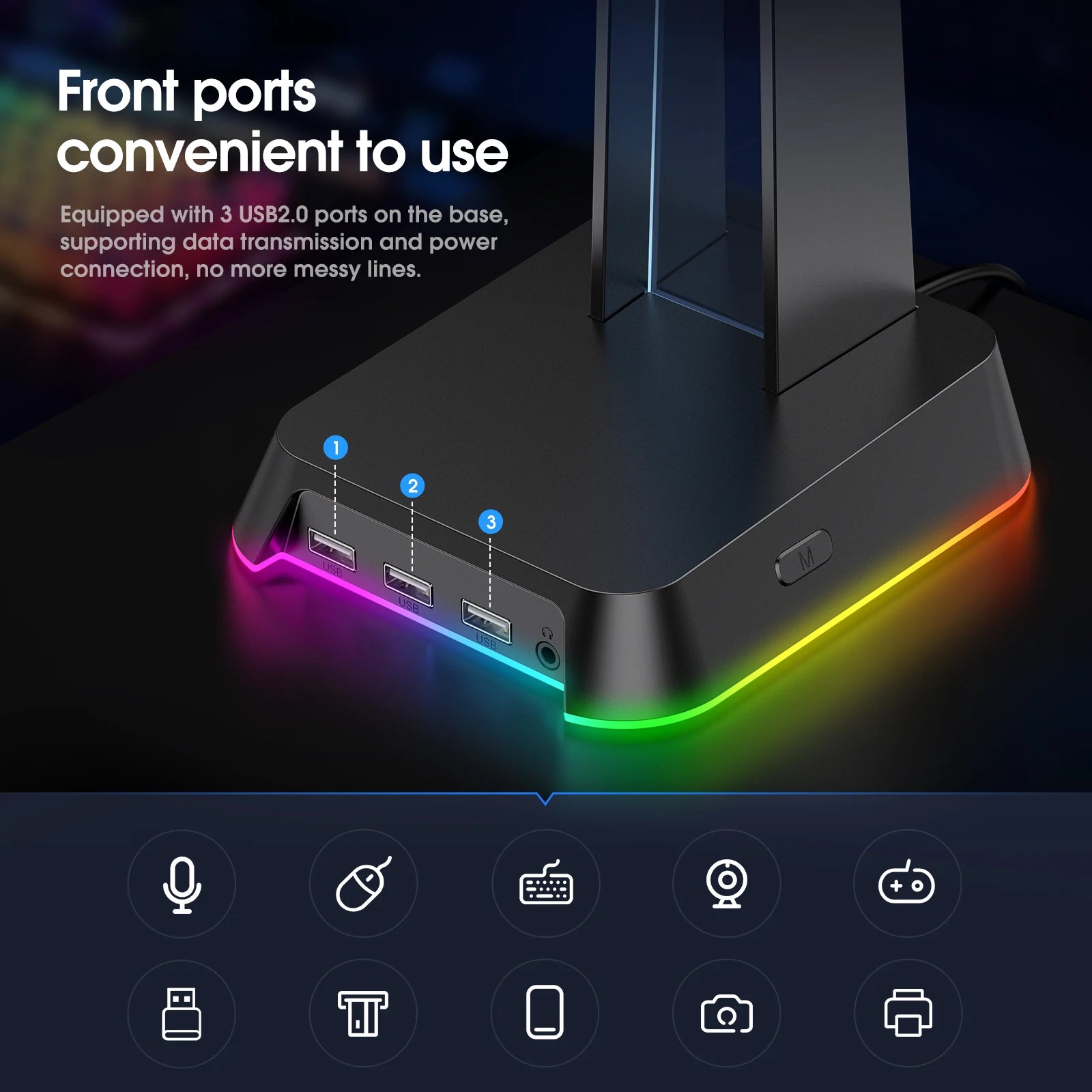 ONIKUMA Headphone Stand With RGB Light Headset Holder With 3*USB Ports & 3.5mm Headphone Jack For PC Gamers