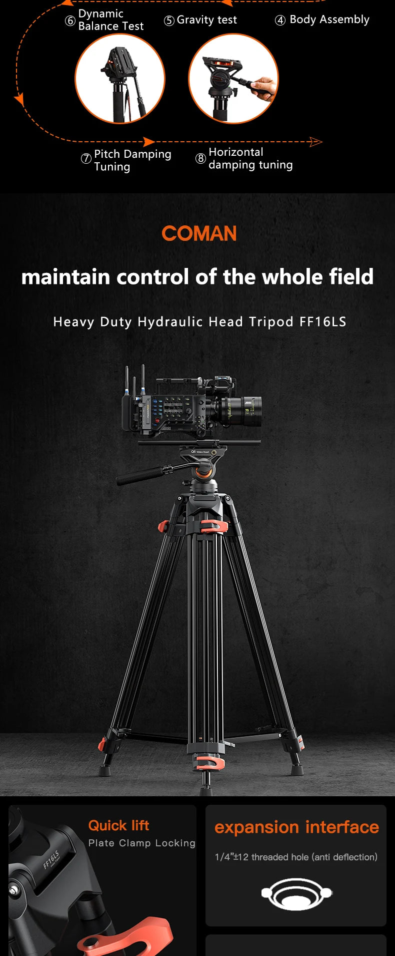 COMAN FF16LS 74" Professional Metal Heavy Duty Camera Tripod Video Tripod With Q6 New Fluid Head Adjustable Damping Fluid Head Dual Mode QR Plate Compatible with DJI RS4 Manfrotto