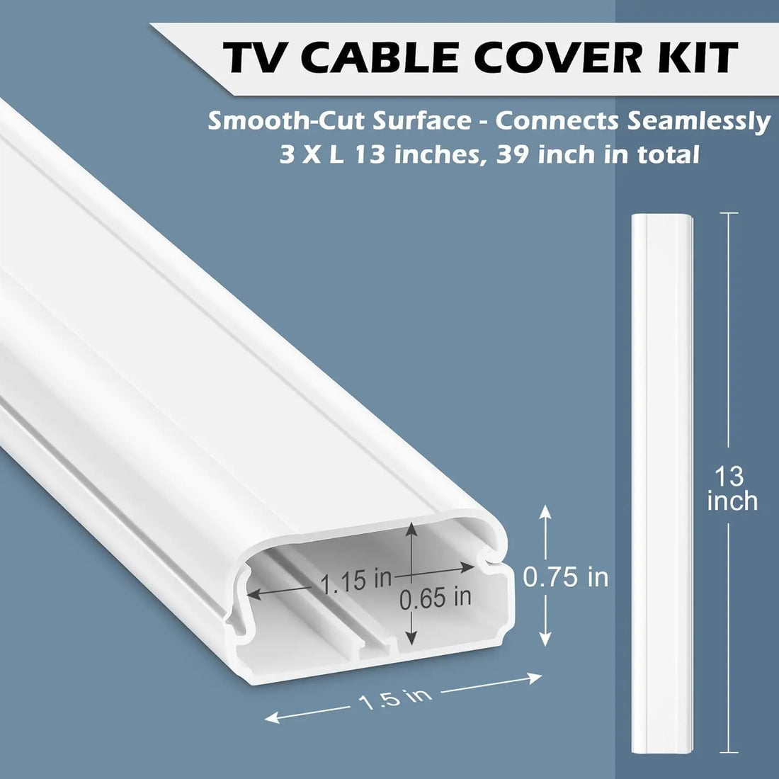 39in Cord Hider Kit - 3x13in Cable Cover for Wall Mounted TV, Wire Concealer, 1.5"W x 0.75"H, White