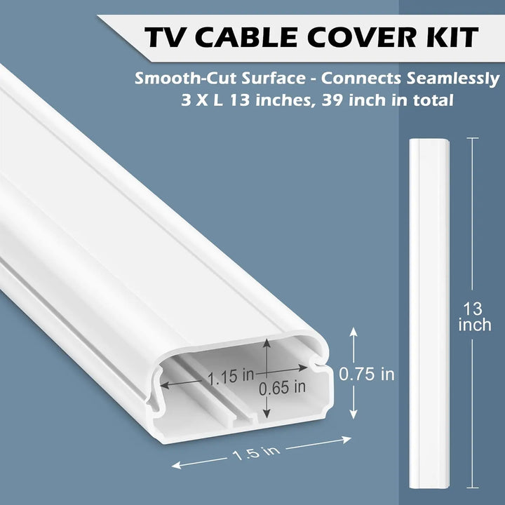 39in Cord Hider Kit - 3x13in Cable Cover for Wall Mounted TV, Wire Concealer, 1.5"W x 0.75"H, White