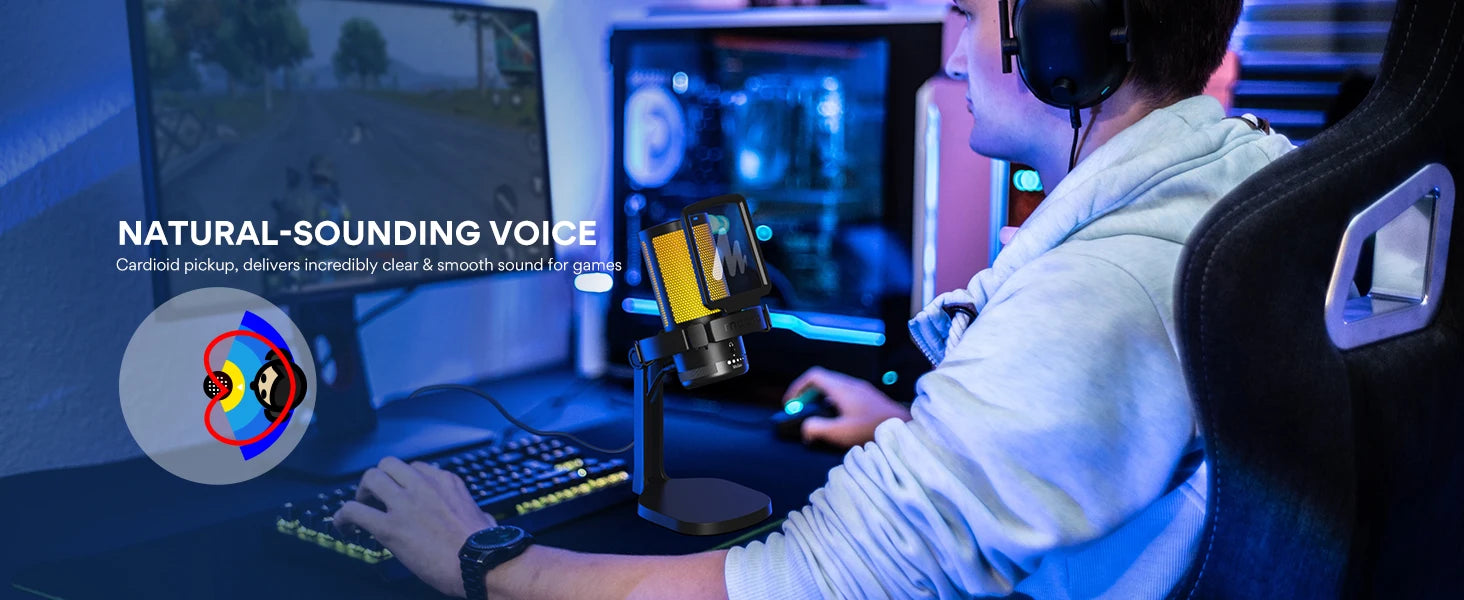 MAONO DGM20 Gaming Microphone,USB Microphone Condenser Mic RGB Gaming Mic with Noise reduction software,Mic Gain,One Key Mute