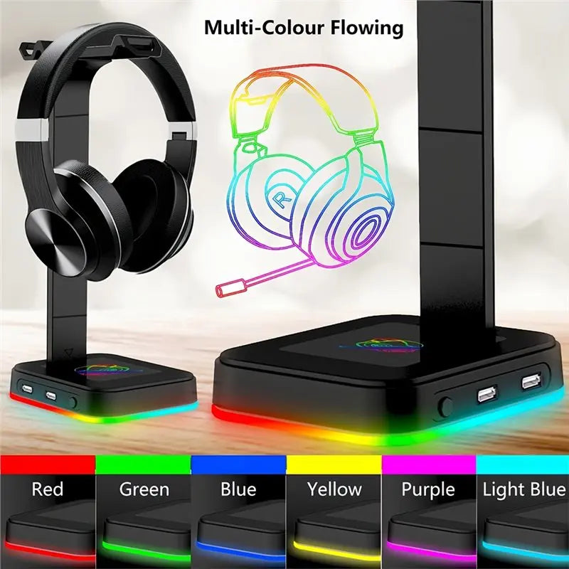 RGB Color-Changing LED Gaming Headset Stand Adjustable Speed W/Dual USB Ports For Keyboard Mouse Phone Charging