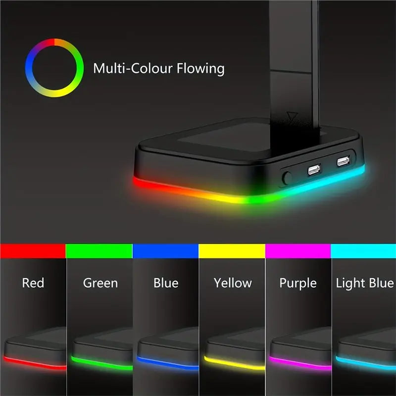 RGB Color-Changing LED Gaming Headset Stand Adjustable Speed W/Dual USB Ports For Keyboard Mouse Phone Charging