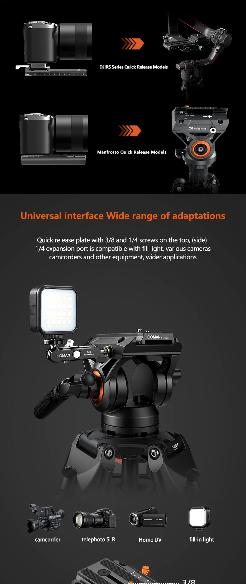 COMAN FF16LS 74" Professional Metal Heavy Duty Camera Tripod Video Tripod With Q6 New Fluid Head Adjustable Damping Fluid Head Dual Mode QR Plate Compatible with DJI RS4 Manfrotto
