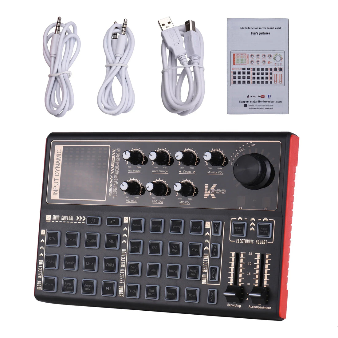 SK300 Live Sound Card External Voice Changer Audio Mixer Built-in Rechargeable Battery Multiple Sound Effects for Live