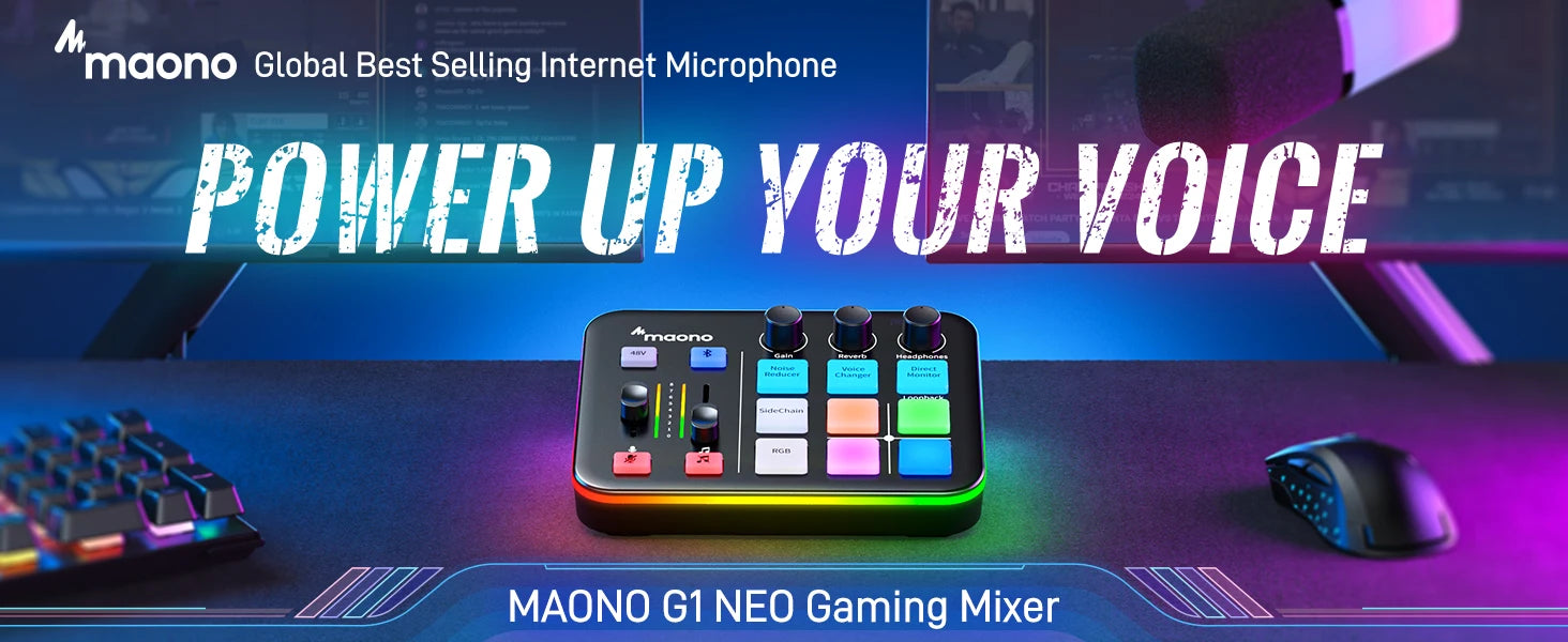 MAONO G1 NEO Gaming Audio Mixer Custom Sound Effects RGB Streaming with XLR Microphone Audio Interface for Game Voice Podcast