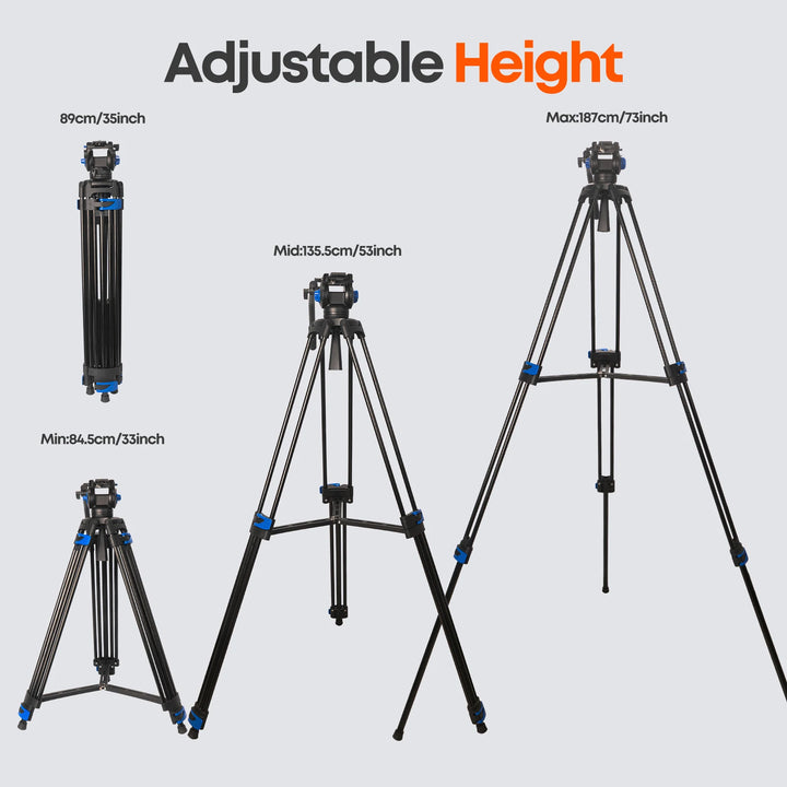 Besnfoto 74" Heavy Duty Aluminum Photography Video Tripod with Fluid Head & Quick Release for DSLR Cameras Camcorders